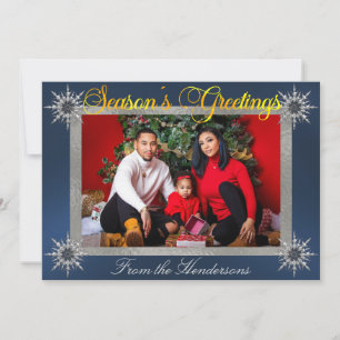 Photo with Silver Border & Snowflakes on Blue Holiday Card