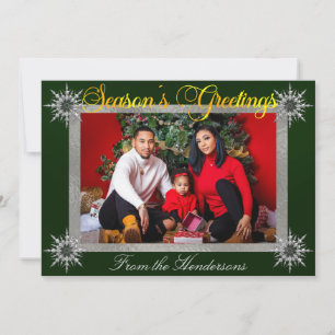 Photo with Silver Border & Snowflakes on Emerald Holiday Card