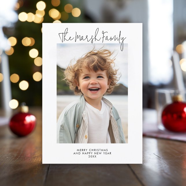 Photo with White Border - simple Merry Christmas Holiday Card (Modern, minimal Christmas Greeting card with photo, white border and script text.)