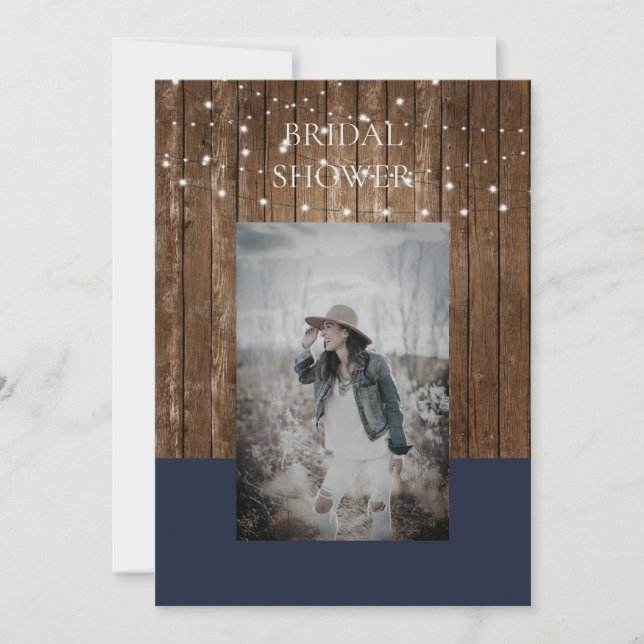 Photo & Wood Lights Navy Bridal Shower Invitation (Front)