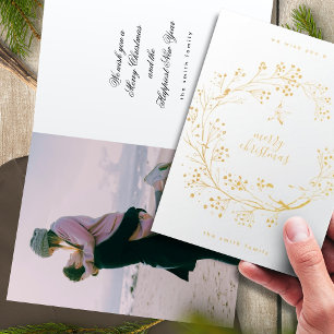 Photo Wreath Merry Christmas New Year REAL Gold Foil Card