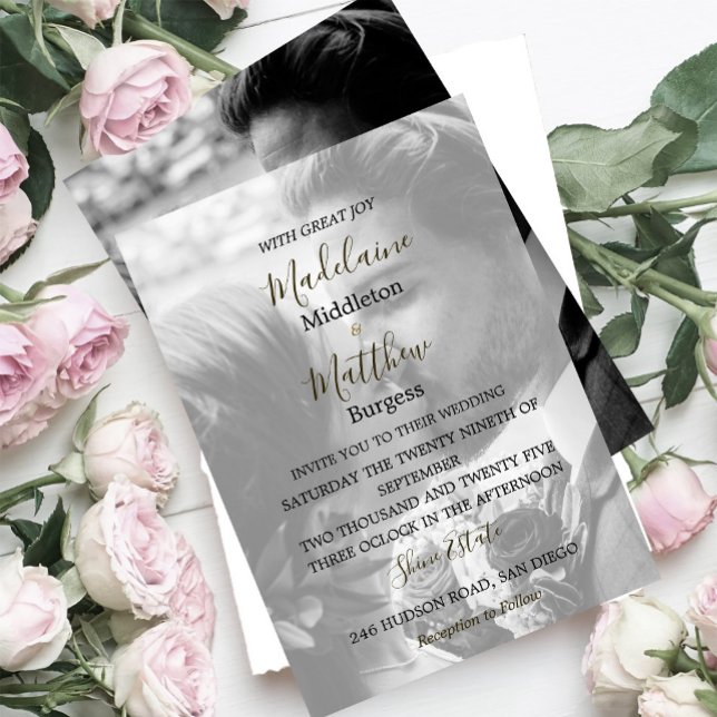 Photo x 2 Floral  Gold Pink White Wedding   Invitation (Creator Uploaded)