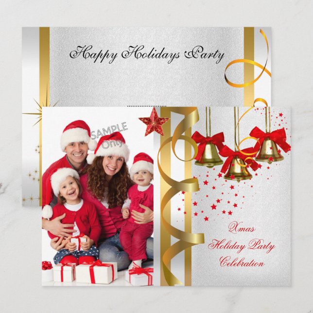 Photo Xmas Holiday Christmas Party White Gold Red Invitation (Front/Back)