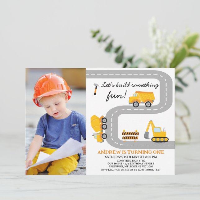 Photo Yellow Build Fun Construction 1st Birthday Invitation (Standing Front)