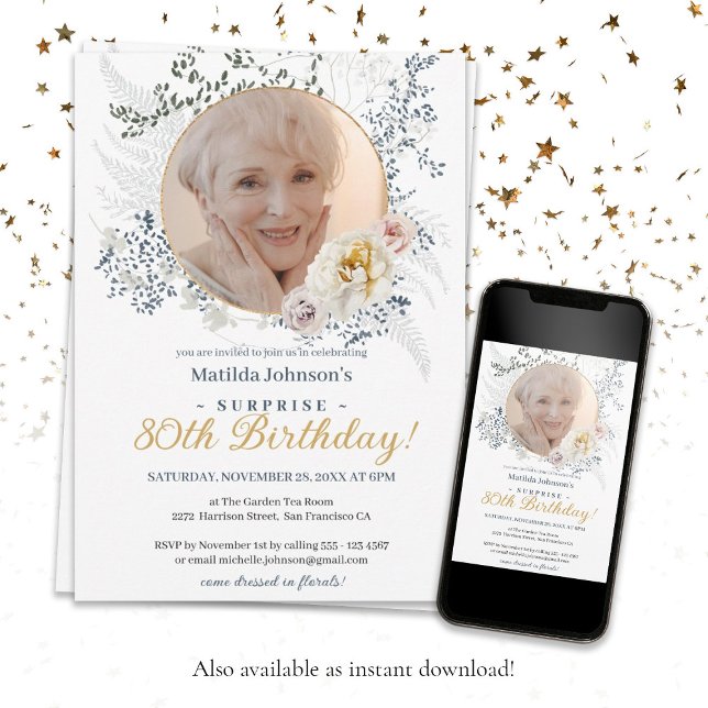 Photo Yellow Floral Surprise 80th Birthday Party Invitation (Surprise 80th Birthday Yellow Flowers Custom Photo Invitation)