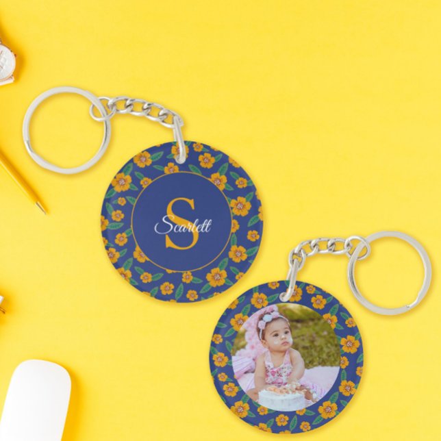 Photo yellow Flowers pattern Monogram Name blue Key Ring (Creator Uploaded)