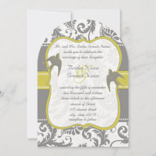 Photo Yellow & Grey Vintage Bird Damask Wedding Invitation