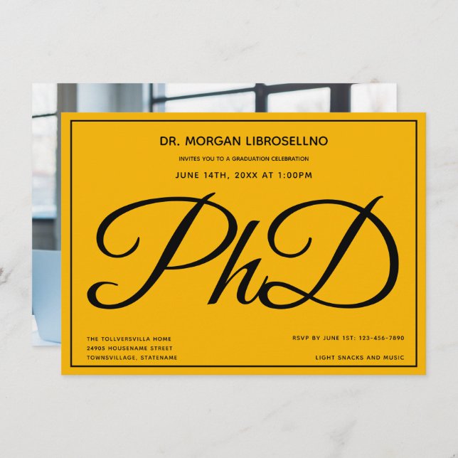 Photo Yellow PhD Graduation Party Invitation (Front/Back)