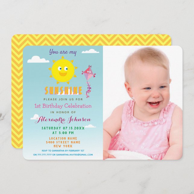 Photo You are my Sunshine, Girl 1st Birthday Invitation (Front/Back)