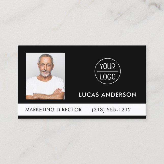 Photo Your Company or Event Logo Black Business  Business Card (Front)