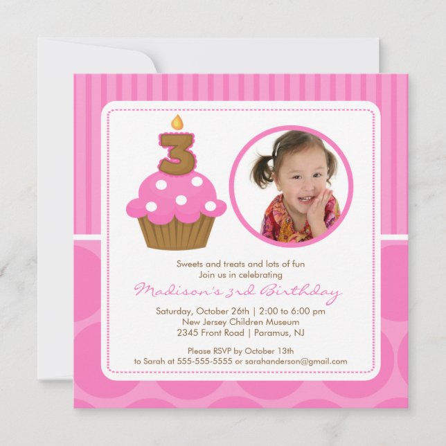 PhotoCupcake Birthday Invitation 3rd Birthday Pink (Front)