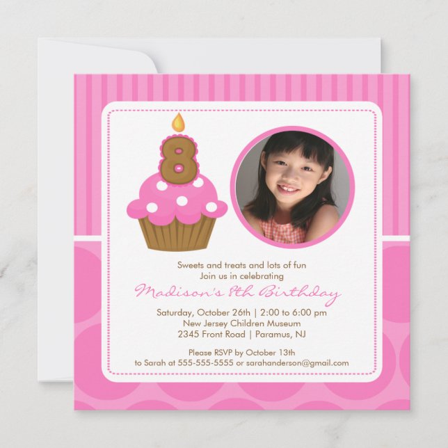 PhotoCupcake Birthday Invitation 8th Birthday Pink (Front)