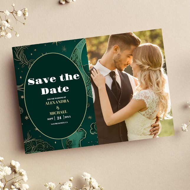 PhotoEmerald Green Gold Celestial  Wedding Save The Date (Creator Uploaded)