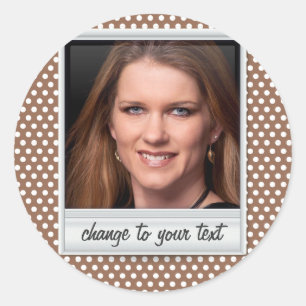 photoframe on white & brown polkadot classic round sticker