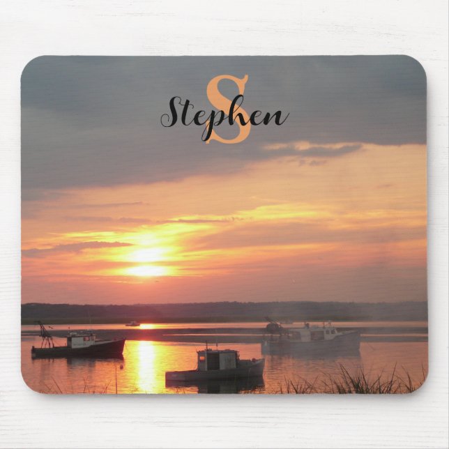 Photograph Boats in the Harbour at Sunset Monogram Mouse Pad (Front)