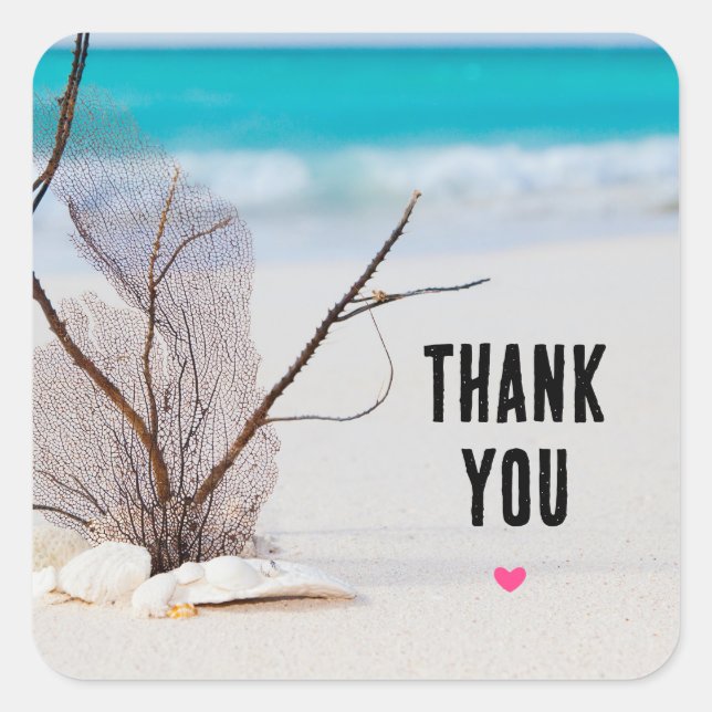 Photograph of Seashells on a Sandy Beach Thank You Square Sticker (Front)