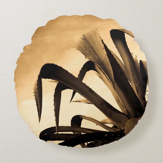 Photograph Sepia Aloe Plant Round Cushion (Front)