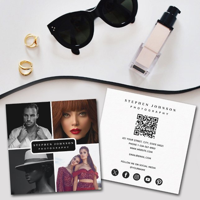 Photographer 4 Photos QR Code Social Media Icons  Square Business Card (Photographer 4 Photos QR Code Social Media Icons Square Business Card)