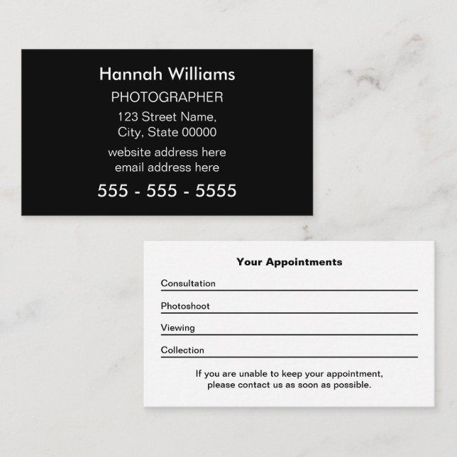 Photographer Black White Appointment Card (Front/Back)