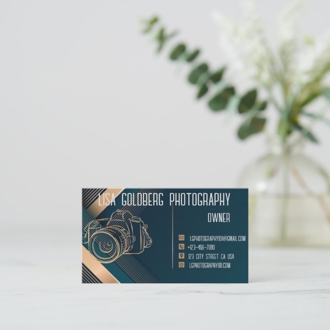 Photographer Business Card Teal, gold Customise (Standing Front)