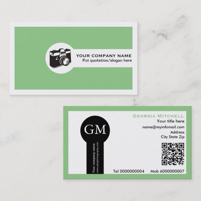 Photographer camera and QR code mint green Business Card (Front/Back)