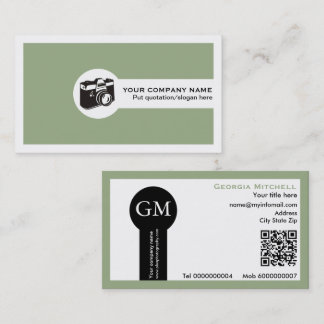 Photographer camera and QR code sage green Business Card