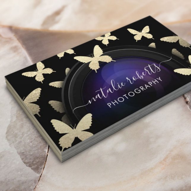 Photographer Camera Gold Butterflies Photography Business Card (Creator Uploaded)