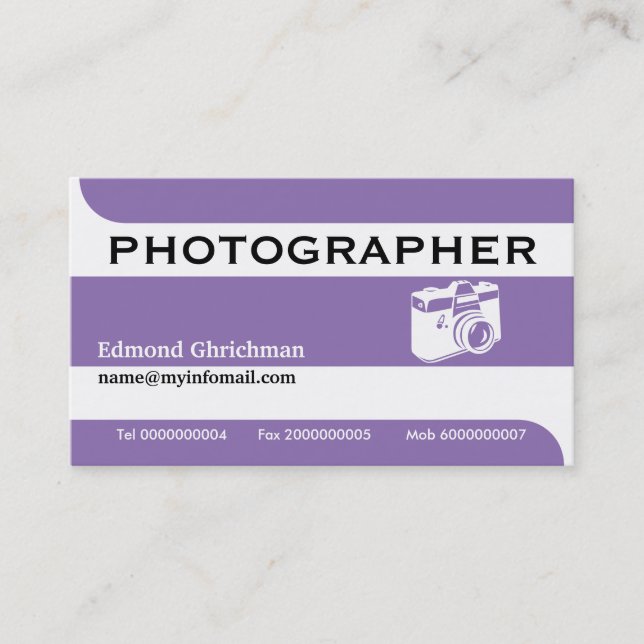 Photographer camera purple and white professional business card (Front)