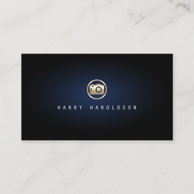 Photographer Elegant Gold Camera Icon Blue Glow Business Card (Front)