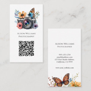 Photographer Floral Butterfly Camera Watercolor QR Business Card