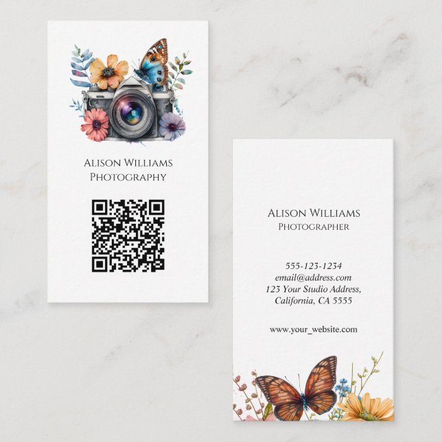 Photographer Floral Butterfly Camera Watercolor QR Business Card (Front/Back)