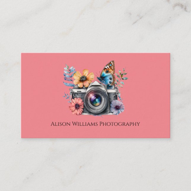 Photographer Floral Camera Watercolor Pink  Business Card (Front)