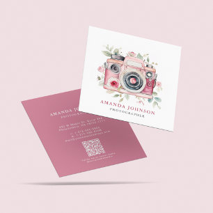 Photographer Floral Pink Camera QR Code Freelance Square Business Card