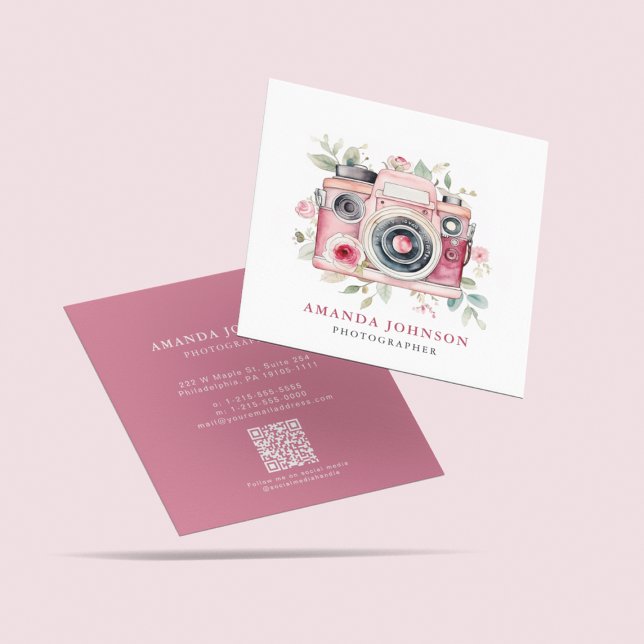 Photographer Floral Pink Camera QR Code Freelance Square Business Card (Creator Uploaded)