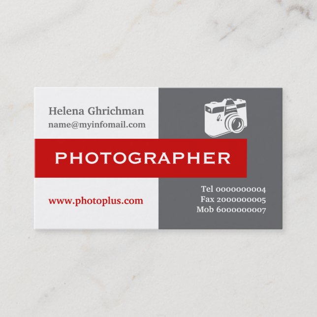 Photographer grey, white, red eye-catching business card (Front)