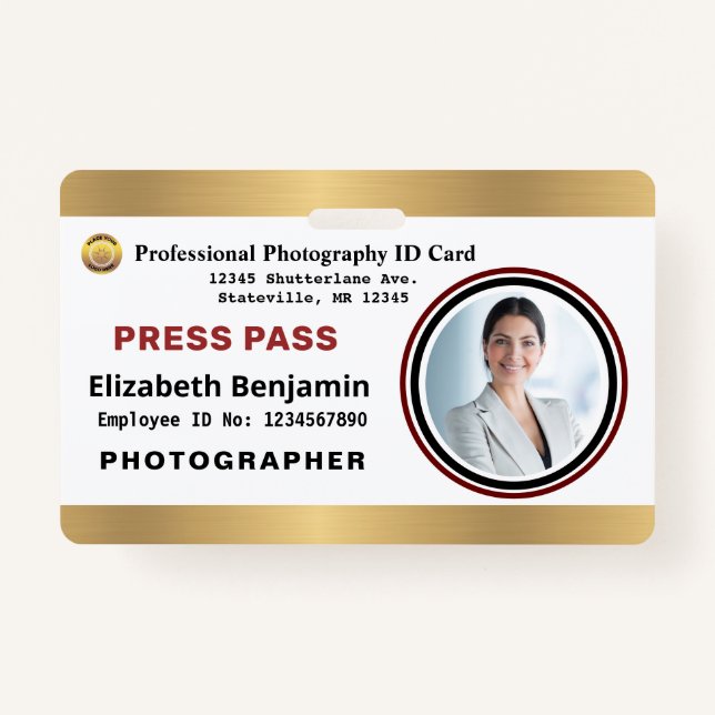 Photographer Media Employee Press Pass ID Card ID Badge (Front)