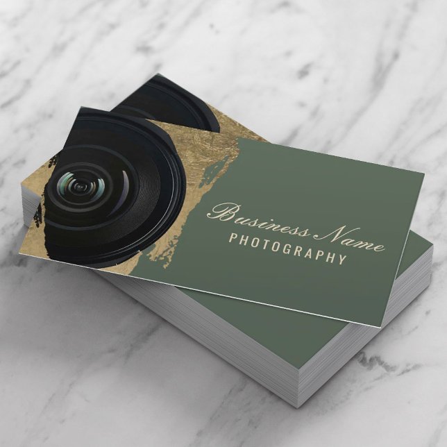 Photographer Modern Green & Gold Photography Business Card (Creator Uploaded)