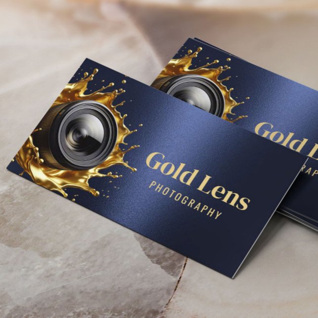 Photographer Modern Navy & Gold Lens Photography Business Card (Creator Uploaded)
