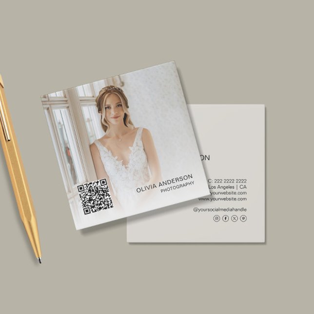 Photographer Modern Photo QR Code Neutral Tone Square Business Card (Photographer Modern Photo QR Code Neutral Tone Square Business Card)