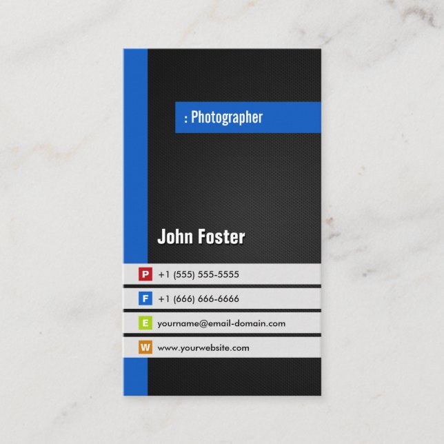 Photographer - Modern Stylish Blue Business Card (Front)