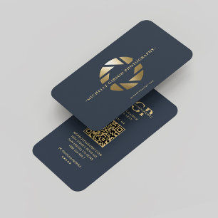 Photographer Monogram Blue Gold Lens Modern Business Card