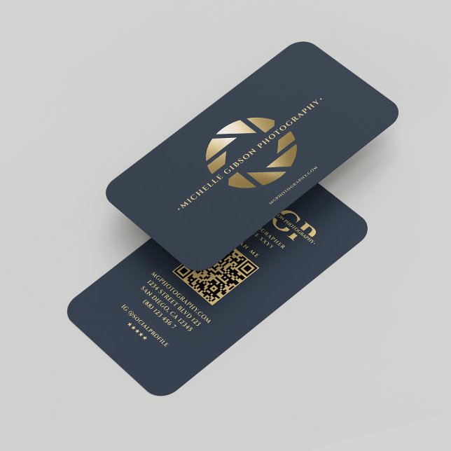 Photographer Monogram Blue Gold Lens Modern  Business Card (Modern Monogram Photographer Blue Gold Lens Business Card
)