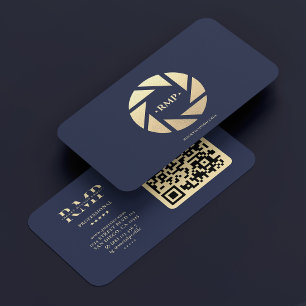 Photographer Navy Blue Gold Camera Lens Modern Business Card