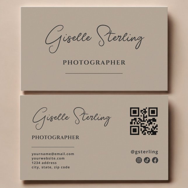 Photographer Neutral Taupe Script QR Code Business Card (Creator Uploaded)