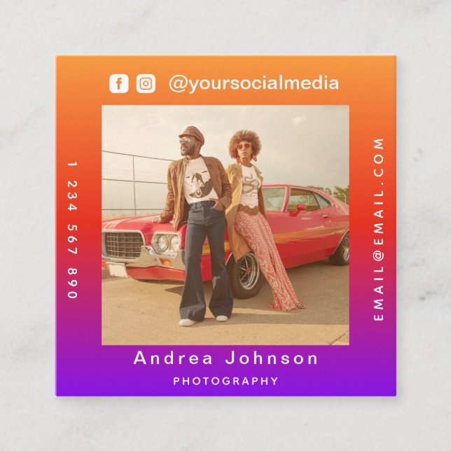 Photographer Photo Social Media & QR Code Modern  Square Business Card (Front)