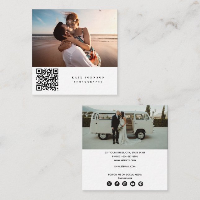 Photographer Photos QR Code Social Media Icons  Square Business Card (Front/Back)