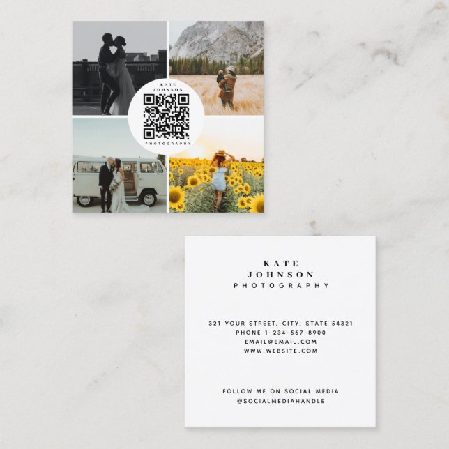 Photographer Photos QR Code Social Media Square Business Card (Front/Back)