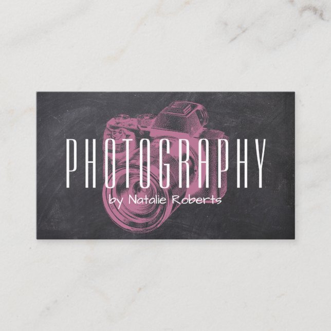 Photographer Professional Pink Camera Chalkboard Business Card (Front)