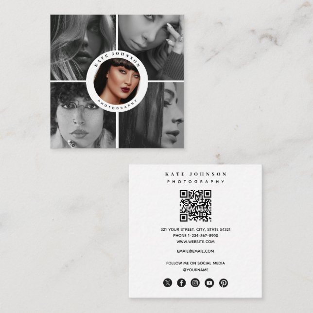 Photographer QR Code Social Media Icons Photos  Square Business Card (Front/Back)