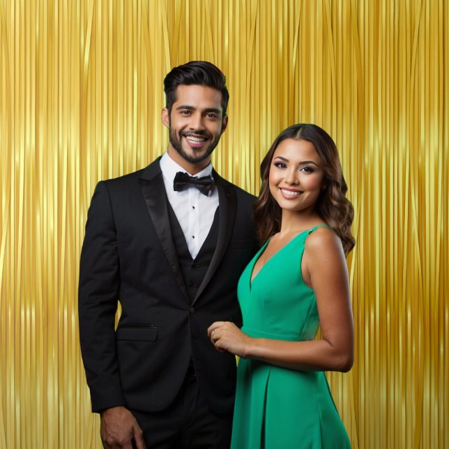 Photographer Selfie Yellow Gold Faux Tinsel Tapestry (Mockup of couple in front of backdrop)